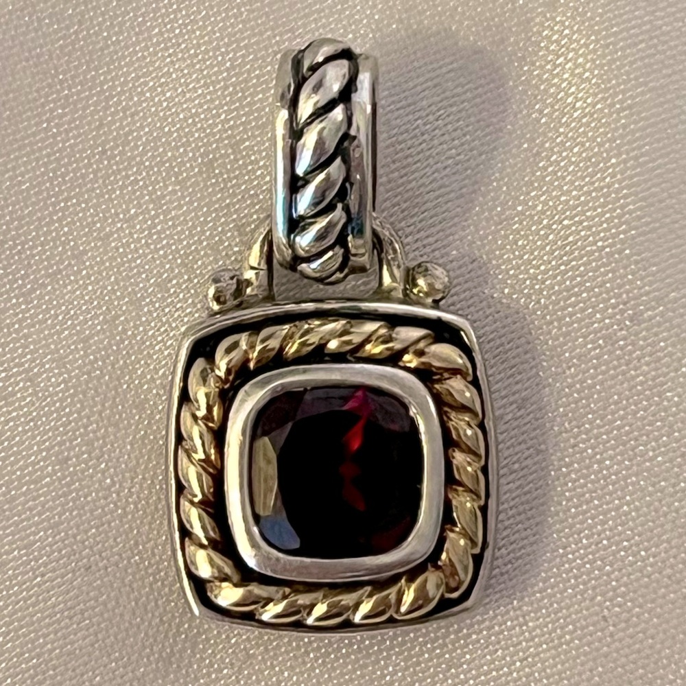 14K Yellow Gold, Sterling Silver, and Red Gemstone Necklace Pendant